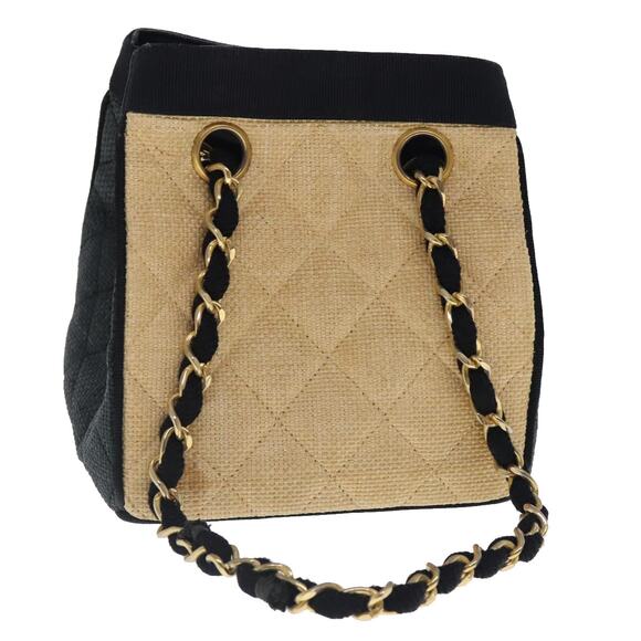 CHANEL Hand Bag Straw Beige Black CC - Picture 1 of 16